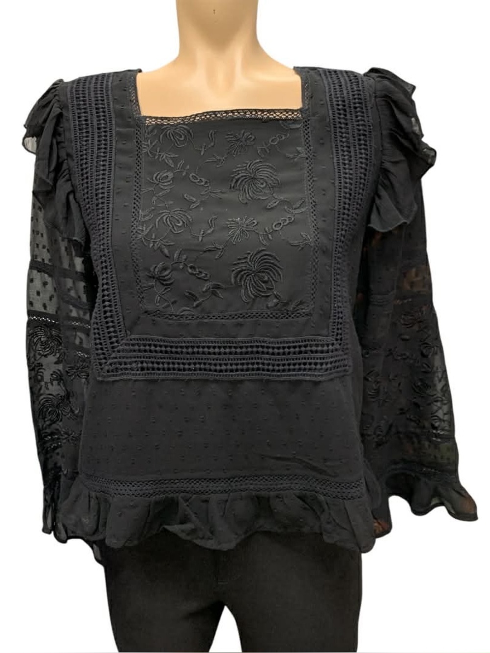 Dex Black Embroidered Square-Neck Ruffle Blouse Size S